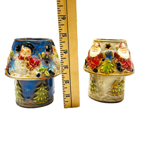 Kirklands Potters Garden Snowman & Santa Tea Light Lamps Hand-Painted Ceramic Vi - Picture 4 of 9
